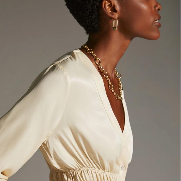 Anthropologie Smocked Satin Blouse Top Large MSRP Large $98 NWT - Picture 2 of 16